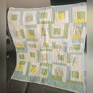 Patchwork Homemade Cotton. Quilt in Green and Yellow. Throw Or Baby Blanket.